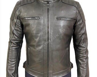 Chaqueta de motociclista de cuero genuino negro para hombre – Chaqueta de moto de corte ajustado con hombros acolchados