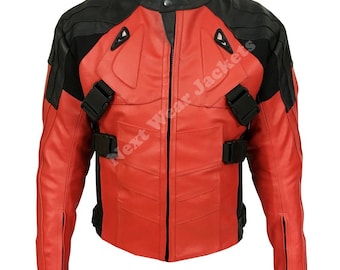 Deadpool Leather Motorcycle Jacket: Cowhide Biker Cosplay Costume