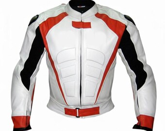 Racing skinnjacka Vit orange Svart skinnkappa/läderskydd Streetwear