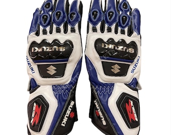 Racing Motorcycle Gloves – Blue & White Leather Riding Gloves with Knuckle Protection
