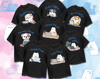 8 Cute Dogs, Cats at Work 2 T-Shirt Designs Bundle: PSD & PNG Files for Print on Demand