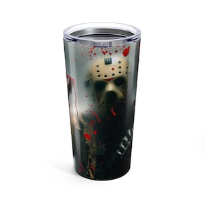 Horror-Themed Tumbler 20oz - Jason Voorhees Design, Perfect for Halloween, Gift for Horror Fans, Travel Mug, Scary Movie Enthusiast