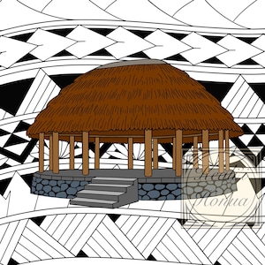 Puede incluir: Ilustración de una cabaña polinesia tradicional con techo de paja, sostenida por pilares de madera y una base de piedra con escalones. El fondo presenta un patrón geométrico en blanco y negro.
