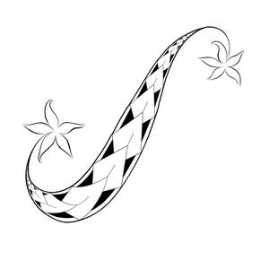 Op de afbeelding: Een zwart-wit illustratie van een gestileerd, gebogen ontwerp met een geometrisch patroon en twee bloemelementen. Het ontwerp heeft een herhalend patroon van zwarte en witte ruitvormen, met twee gestileerde bloemen.