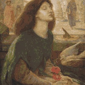 May include: A cross-stitch depiction of a woman with long brown hair, wearing a green garment, and holding red flowers. The artwork has a classical style, with figures in the background and a soft, muted color palette.