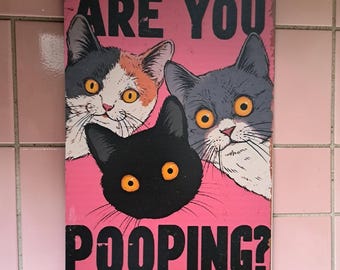 May include: A pink metal sign with three cat faces and the text "ARE YOU POOPING?". The cats are in black, gray, and white with orange eyes. The sign is hanging by a rope.