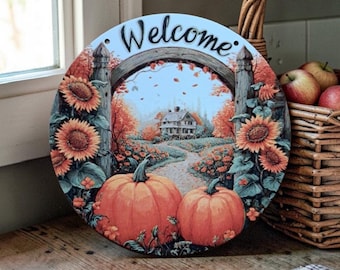 Autumn Harvest Welcome Sign: Metal Wall Art, Sunflower & Pumpkin Decor