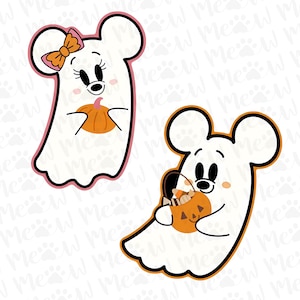 May include: Two cartoon ghost figures, one with a bow and pumpkin, the other with a pumpkin basket. The ghosts are white with black outlines and feature Mickey and Minnie Mouse-inspired faces. The image has a Halloween theme.