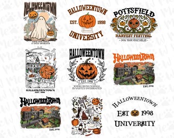 May include: A collection of Halloween-themed graphic designs featuring pumpkins, ghosts, and vintage typography. Designs include the text "Halloweentown" and "Est. 1998" in various styles, with additional phrases like "Harvest Festival" and "Where being normal is vastly overrated."