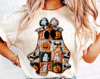 Patchwork Ghost PNG, Halloween Vintage Quilt Ghost Sublimation, Cozy Spooky Fall Shirt Design, Retro Halloween Ghost PNG