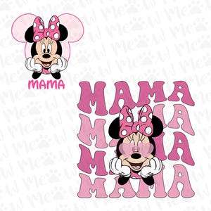 May include: Pink graphic featuring Minnie Mouse with a polka dot bow and heart-shaped sunglasses, surrounded by the word "MAMA" in a retro font. The design is repeated multiple times, creating a playful and fun aesthetic.