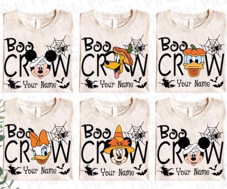 May include: Six cream-colored t-shirts with Halloween-themed designs. Each shirt features the text "Boo Crew" with a different Disney character in a Halloween costume. The text "Your Name" is below the design.