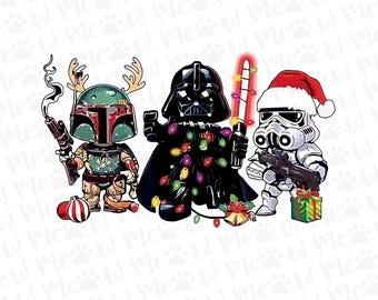 Peut inclure: Illustration festive avec trois personnages de Star Wars en tenues de fêtes. Boba Fett porte des bois de renne et un blaster, Dark Vador est orné de guirlandes lumineuses, et un Stormtrooper porte un bonnet de Père Noël, avec un blaster et un cadeau.