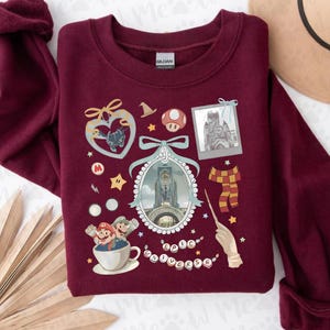 Pu&ograve; includere: Una felpa bordeaux con varie grafiche a tema cartoni animati. Il design include un cuore con un pipistrello, un fungo, un castello, una sciarpa, una bacchetta e personaggi di Mario in una tazza. &Egrave; presente anche il testo "Epic Universe".