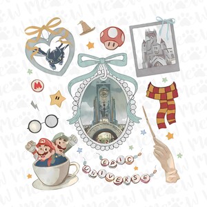 Pu&ograve; includere: Una collezione di illustrazioni fantasiose con personaggi e simboli di franchise popolari. Include un drago, un fungo, un castello, una sciarpa, una bacchetta e il testo "EPIC UNIVERSE".