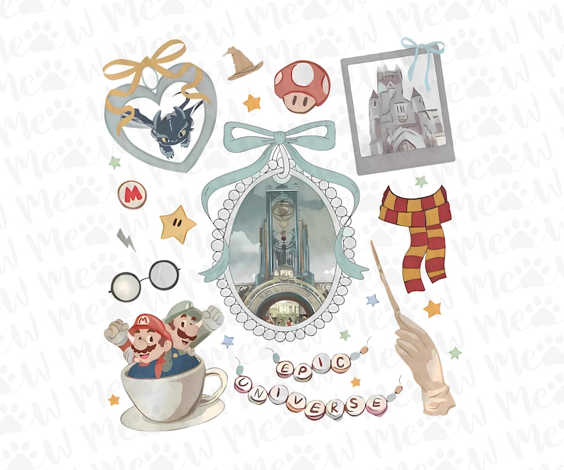Pu&ograve; includere: Una collezione di illustrazioni fantasiose con personaggi e simboli di franchise popolari. Include un drago, un fungo, un castello, una sciarpa, una bacchetta e il testo "EPIC UNIVERSE".