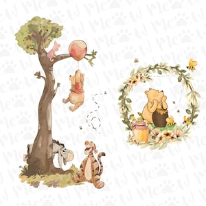 以下が含まれることがあります： くまのプーさんと仲間たちの水彩イラスト。プーさんは風船につかまり、ピグレットは木に座り、ティガーとイーヨーは地面にいます。プーさんと蜂蜜の壺が入った円形の花のリースも表示されています。
