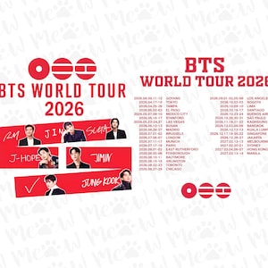 May include: A promotional graphic for the BTS World Tour 2026, featuring the tour title, dates, and locations. The design includes images of the band members and a red and white color scheme.