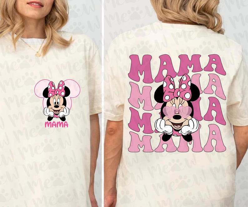 May include: Cream-colored t-shirt featuring a Minnie Mouse graphic with a pink bow and the word "MAMA". The back of the shirt displays the word "MAMA" repeated in pink, with a Minnie Mouse graphic.