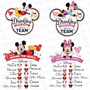 May include: A set of four Disney-themed designs featuring Mickey and Minnie Mouse. Each design includes the text "Drinking Around The World" and country flags. Mickey and Minnie are depicted with beer and balloons.