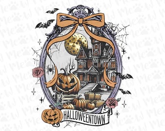 May include: An oval-shaped Halloween-themed illustration featuring a haunted house, pumpkins, bats, and a full moon. The design includes the text "Halloweentown" on a banner, surrounded by decorative elements like roses and spiderwebs. The color palette includes orange, purple, and brown.