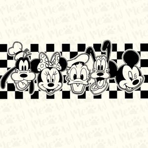 Op de afbeelding: Zwart-wit illustratie met de gezichten van stripfiguren, waaronder Goofy, Minnie Mouse, Donald Duck, Pluto en Mickey Mouse, op een zwart-wit dambordpatroon. De figuren lachen en knipogen.