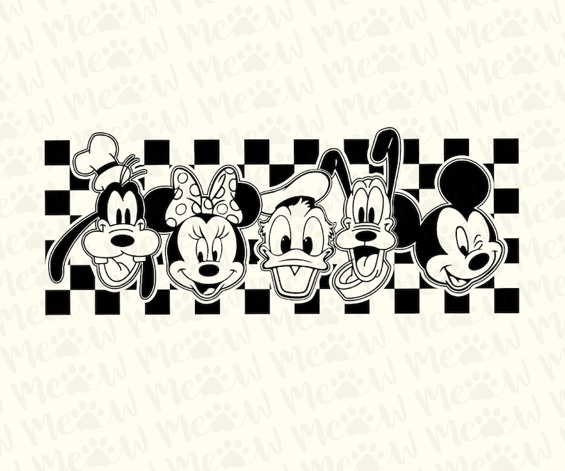 Op de afbeelding: Zwart-wit illustratie met de gezichten van stripfiguren, waaronder Goofy, Minnie Mouse, Donald Duck, Pluto en Mickey Mouse, op een zwart-wit dambordpatroon. De figuren lachen en knipogen.