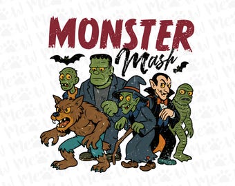 Download digitale PNG trasparente di Vintage Monster Mash Halloween per stampa DTG, DTF, sublimazione, trasferimenti, ecc.