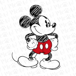 Puede incluir: Ilustración de dibujos animados en blanco y negro de Mickey Mouse con una expresión sonriente. Mickey Mouse lleva pantalones cortos rojos, guantes blancos y zapatos blancos grandes. El fondo es blanco con un patrón repetido de huellas de patas y el texto "Mew Me".