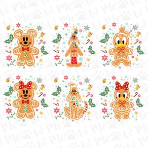 Peut inclure: Six modèles de biscuits en pain d'épices représentant des personnages de dessins animés. Les biscuits sont décorés de glaçage et de détails festifs comme du houx, des cannes en sucre et des étoiles. Les personnages incluent une souris, un chien et un canard.