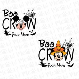 May include: Halloween-themed graphic featuring Mickey and Minnie Mouse. The text reads "Boo Crew" with space for a name. Includes bats, a witch on a broom, and a spider web. One design shows Mickey in a mummy wrap, the other Minnie in a witch hat.