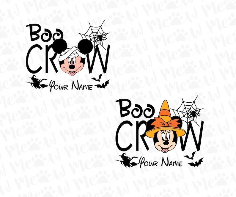 May include: Halloween-themed graphic featuring Mickey and Minnie Mouse. The text reads "Boo Crew" with space for a name. Includes bats, a witch on a broom, and a spider web. One design shows Mickey in a mummy wrap, the other Minnie in a witch hat.