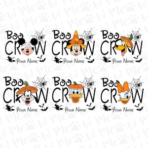 Może przedstawiać: Kolekcja sześciu projektów o tematyce Halloween z postaciami Disneya. Każdy projekt zawiera czarne słowa "Boo Crew", pajęczynę, nietoperze i sylwetkę czarownicy. Projekty zawierają również miejsce na spersonalizowane imię.