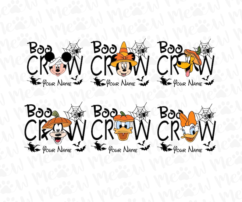 May include: A collection of six Halloween-themed designs featuring Disney characters. Each design includes the words "Boo Crew" in black, a spiderweb, bats, and a witch silhouette. The designs also include space for a personalized name.