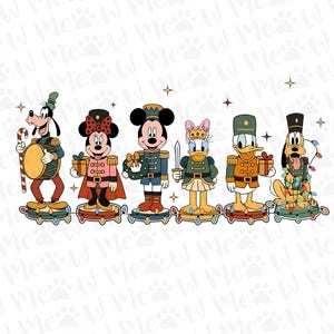 May include: A digital illustration featuring seven Disney characters in nutcracker costumes. Goofy plays a drum, Minnie Mouse holds a gift, and Mickey Mouse carries a wreath. Daisy Duck, Donald Duck, and Pluto are also included, all on a base with fairy lights.