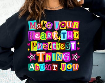 Cita positiva PNG, Haz que tu corazón sea lo más bonito PNG, Diseño de camiseta retro colorida para mujer, Sublimación motivacional, Amabilidad PNG