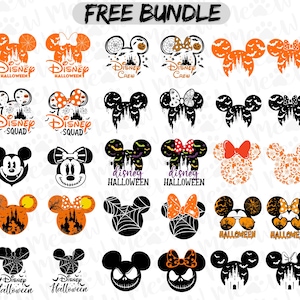Puede incluir: Una colecci&oacute;n de dise&ntilde;os de cabeza de Mickey Mouse con tem&aacute;tica de Halloween en naranja, negro y blanco. Los dise&ntilde;os incluyen telara&ntilde;as, lazos y las palabras "Disney Halloween", "Disney Crew" y "Disney Squad". Las palabras "FREE BUNDLE" est&aacute;n en la parte superior.
