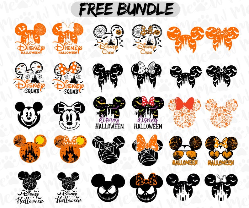 Puede incluir: Una colecci&oacute;n de dise&ntilde;os de cabeza de Mickey Mouse con tem&aacute;tica de Halloween en naranja, negro y blanco. Los dise&ntilde;os incluyen telara&ntilde;as, lazos y las palabras "Disney Halloween", "Disney Crew" y "Disney Squad". Las palabras "FREE BUNDLE" est&aacute;n en la parte superior.