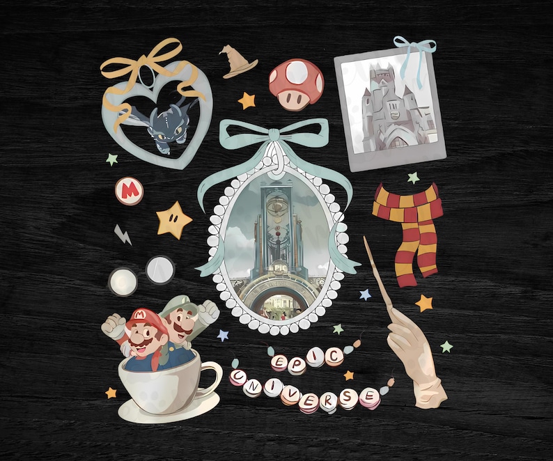 Pu&ograve; includere: Una collezione di ritagli illustrati stravaganti su sfondo nero. Include un cuore con un drago, un fungo, un castello, una sciarpa, una bacchetta e personaggi di Mario in una tazza da t&egrave;. La frase "EPIC UNIVERSE" &egrave; scritta con perline di lettere.