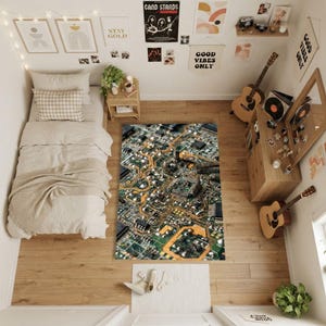 May include: A rectangular area rug featuring a detailed, high-resolution print of a green and gold computer circuit board with intricate electronic components, microchips, and copper pathways, laid out on a light-colored wooden floor in a bedroom.
