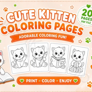 May include: A digital collection of 20 kitten colouring pages in a PDF file. The graphic features the text CUTE KITTEN COLOURING PAGES, ADORABLE COLOURING FUN, and PRINT COLOUR ENJOY. Four sample pages show line art of kittens with a pencil, book, and blocks.