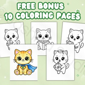 May include: A collection of five colouring pages featuring cartoon cats. Four pages show black and white line art of cats with various items, while one page displays a coloured illustration of a cat wearing a blue cape with a letter K emblem.