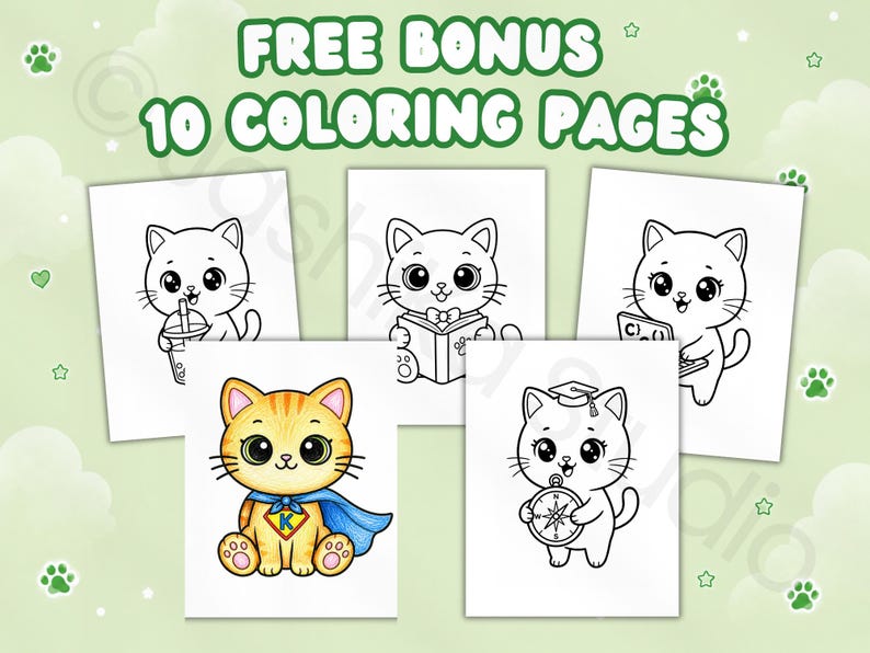 May include: A collection of five colouring pages featuring cartoon cats. Four pages show black and white line art of cats with various items, while one page displays a coloured illustration of a cat wearing a blue cape with a letter K emblem.