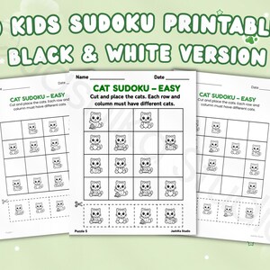 May include: A set of 50 printable kids Sudoku puzzle sheets in black and white. Each page features a 4x4 grid titled Cat Sudoku - Easy, with instructions to cut and place cat icons. The sheets include spaces for a name and date at the top.