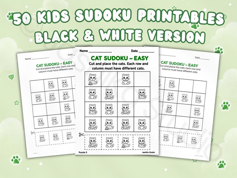 May include: A set of 50 printable kids Sudoku puzzle sheets in black and white. Each page features a 4x4 grid titled Cat Sudoku - Easy, with instructions to cut and place cat icons. The sheets include spaces for a name and date at the top.