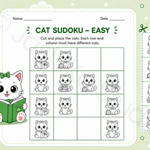 May include: A printable Cat Sudoku puzzle sheet with a green and white theme. The page features a 4x4 grid, instructions to cut and place cats, and a column of four cat illustrations to cut out. A large cat reading a green book is on the left.
