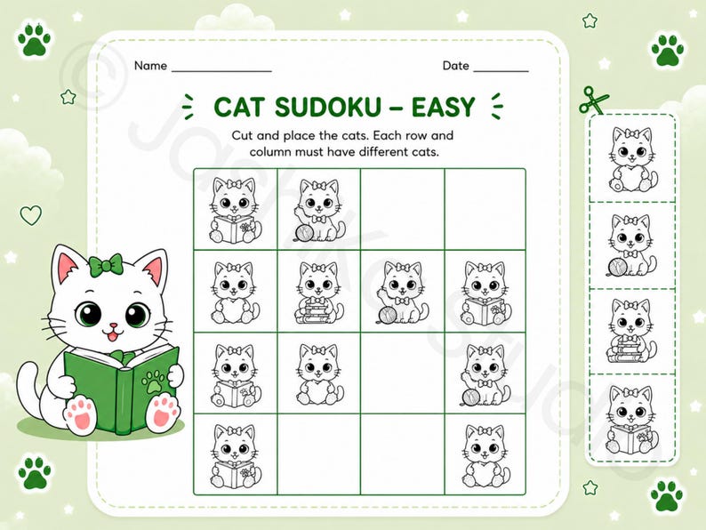 May include: A printable Cat Sudoku puzzle sheet with a green and white theme. The page features a 4x4 grid, instructions to cut and place cats, and a column of four cat illustrations to cut out. A large cat reading a green book is on the left.