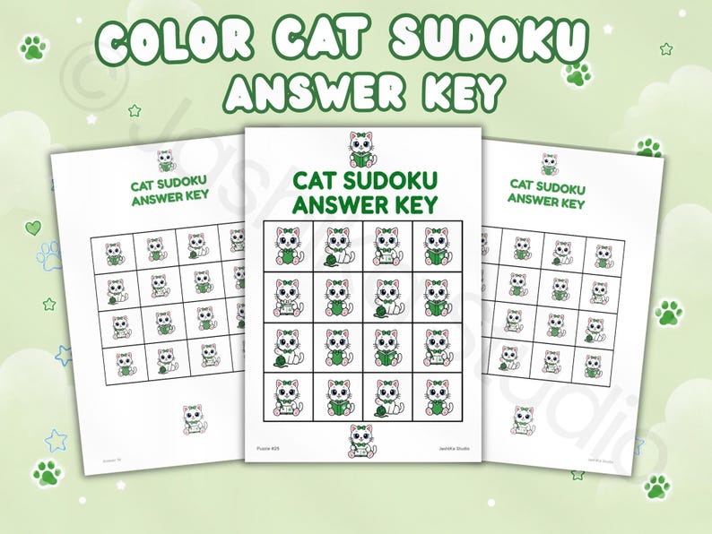 May include: Three white paper sheets featuring a Color Cat Sudoku Answer Key. Each sheet displays a four-by-four grid containing various illustrations of cats in green outfits. The text CAT SUDOKU ANSWER KEY is printed in green at the top of each page.