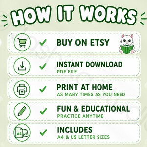 May include: An instructional graphic titled HOW IT WORKS in green text. It lists five steps with icons: BUY ON ETSY with a shopping cart, INSTANT DOWNLOAD PDF FILE, PRINT AT HOME, FUN & EDUCATIONAL, and INCLUDES A4 & US LETTER SIZES.