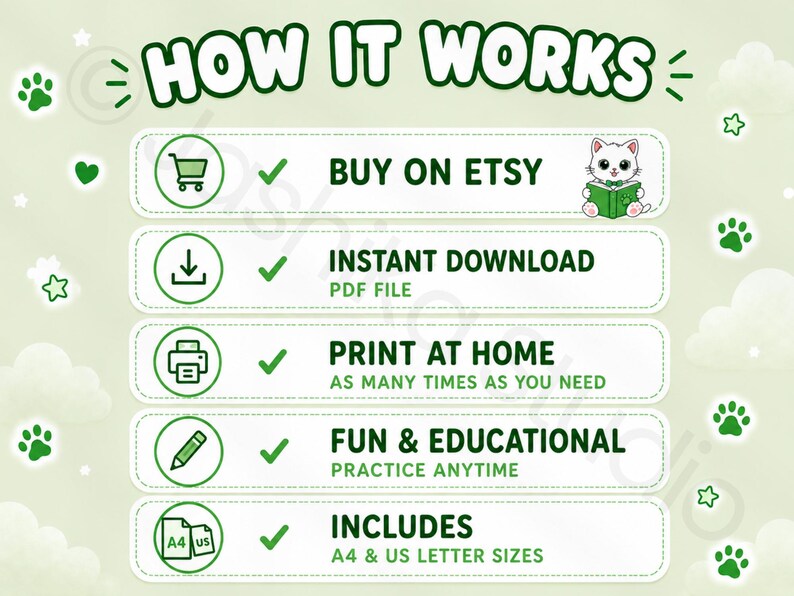 May include: An instructional graphic titled HOW IT WORKS in green text. It lists five steps with icons: BUY ON ETSY with a shopping cart, INSTANT DOWNLOAD PDF FILE, PRINT AT HOME, FUN & EDUCATIONAL, and INCLUDES A4 & US LETTER SIZES.